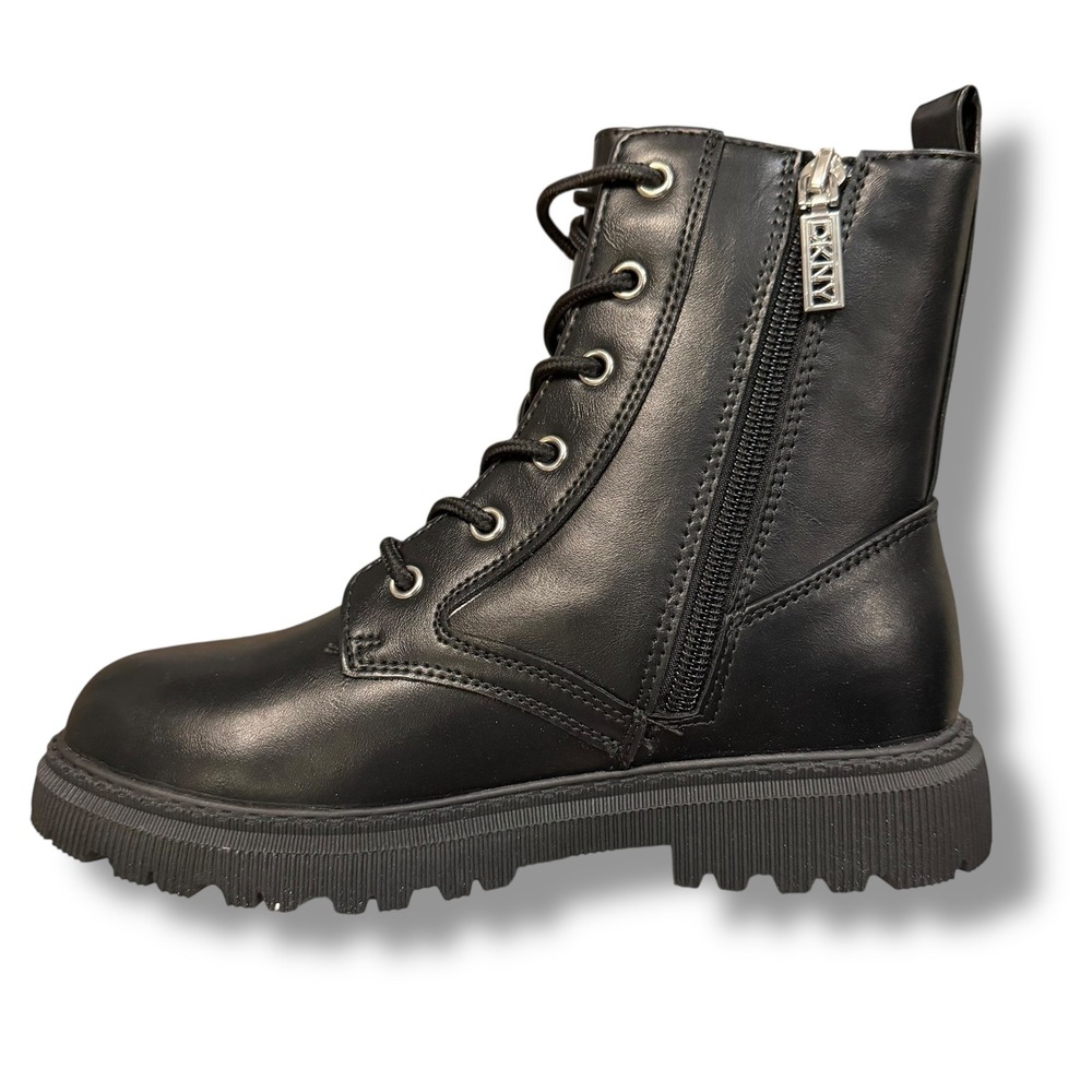 DKNY Kids Black Ava Menia Combat Boots Rhinestone Cuff Side Zip Lace Up Sz 2 NEW - Picture 5 of 15